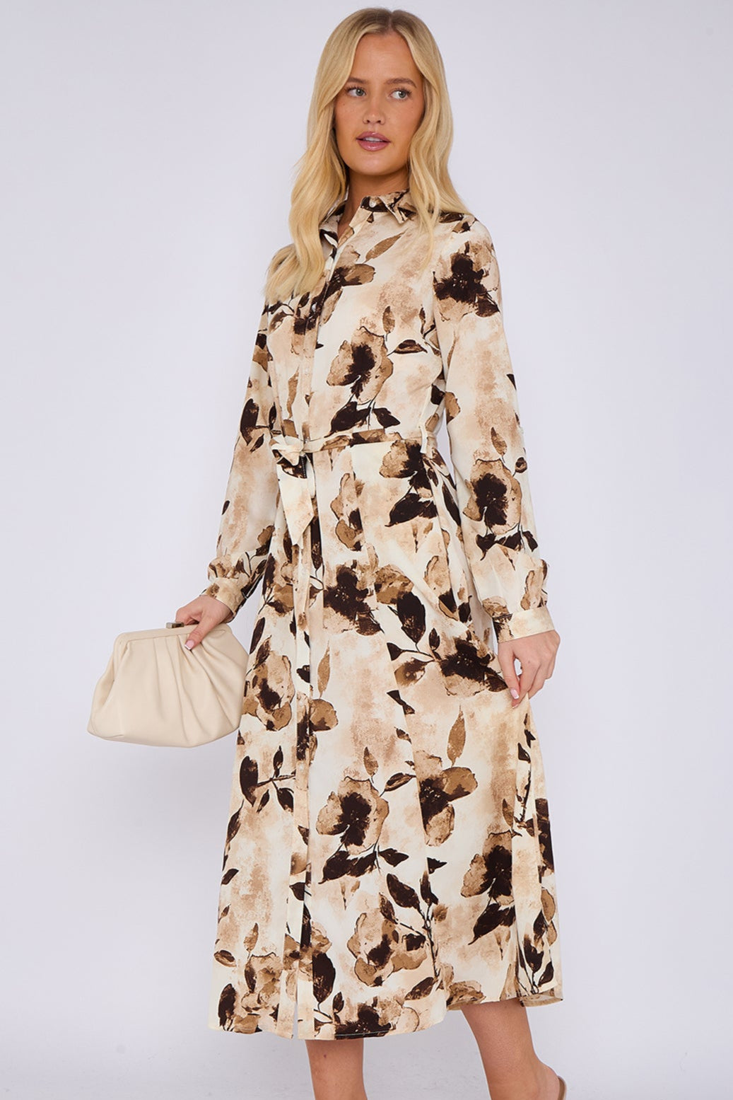 Light Brown Botanical Print Maxi Shirt Dress