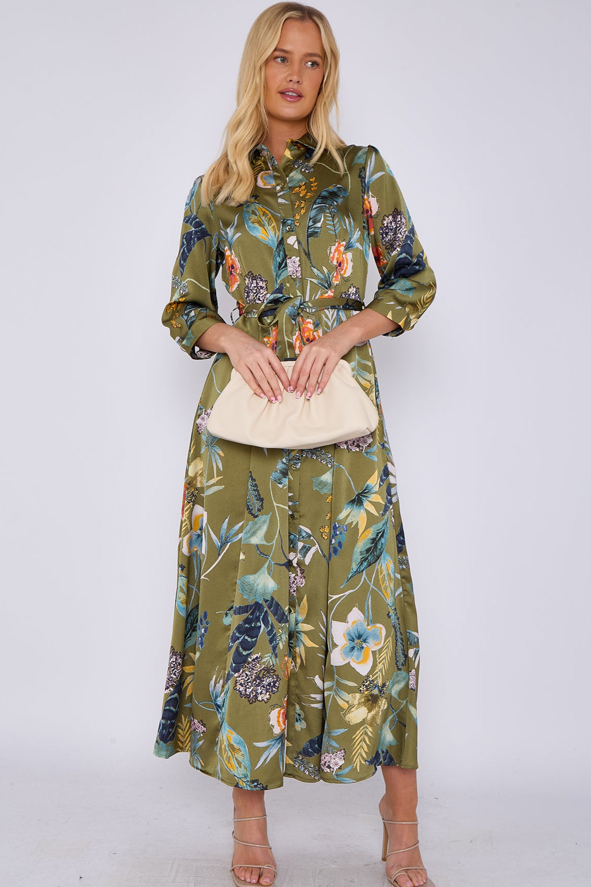 Khaki Botanical Print Satin Maxi Shirt Dress