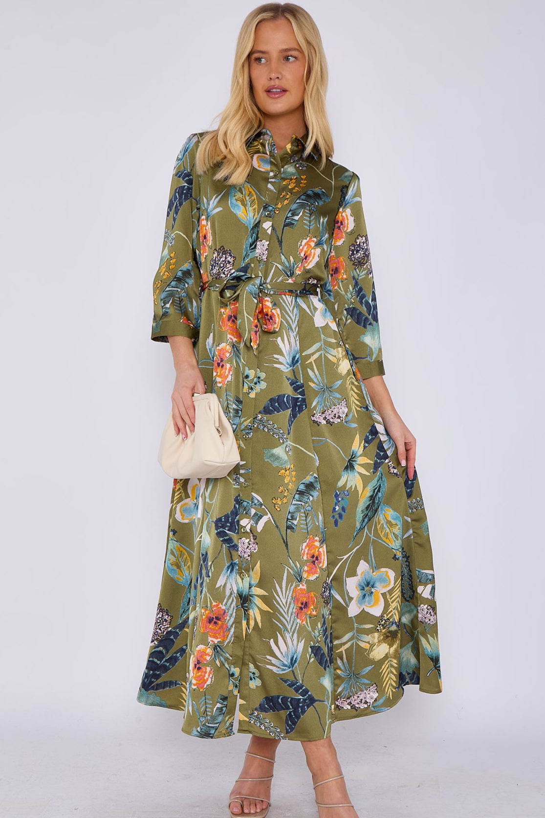 Khaki Botanical Print Satin Maxi Shirt Dress