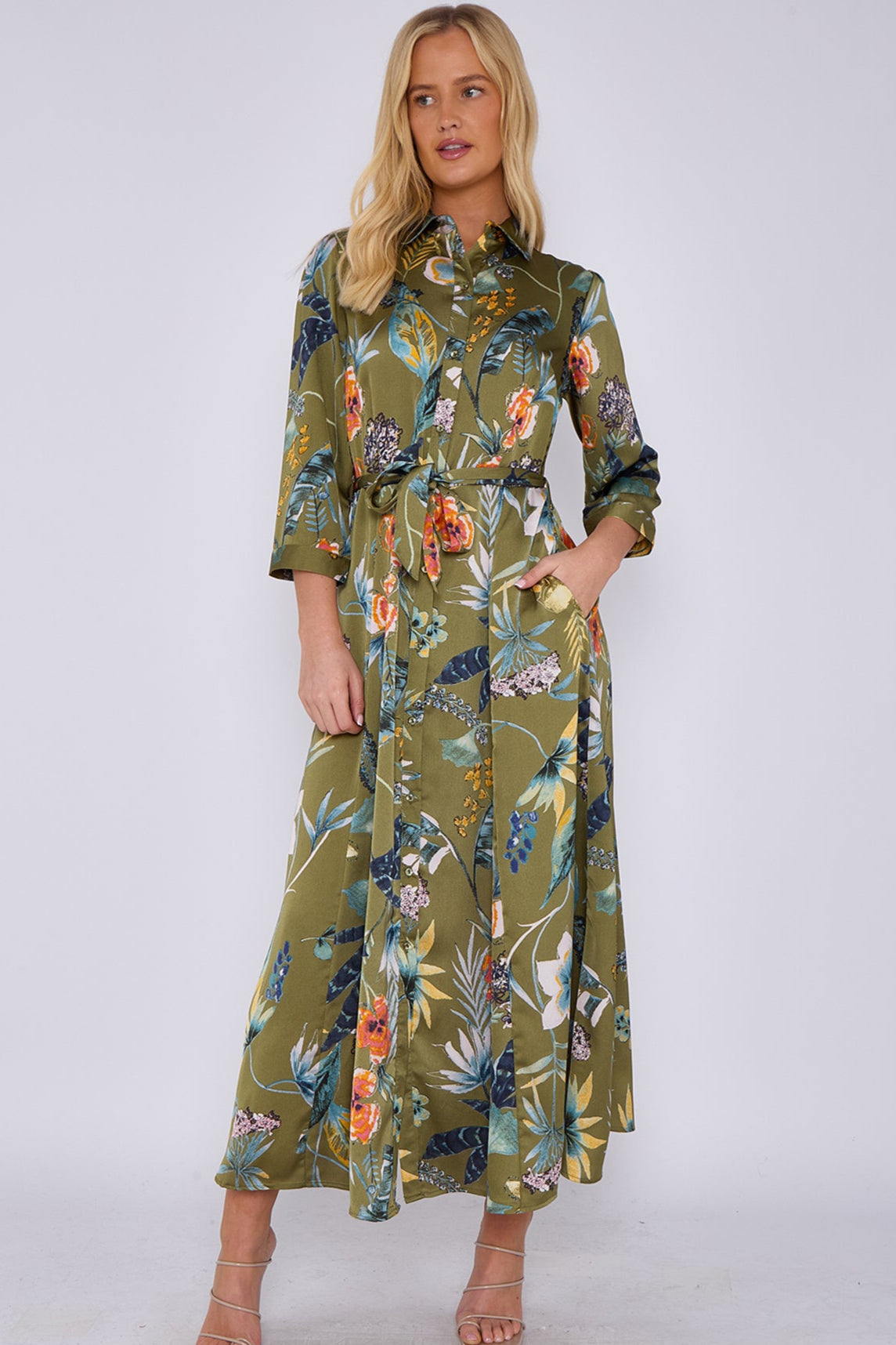 Khaki Botanical Print Satin Maxi Shirt Dress
