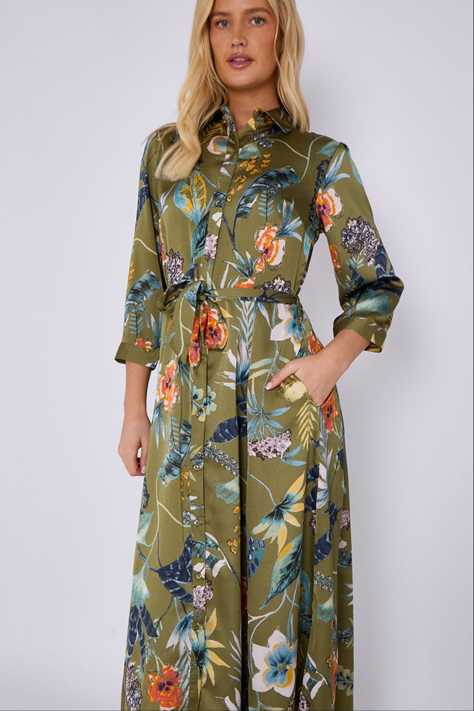 Khaki Botanical Print Satin Maxi Shirt Dress