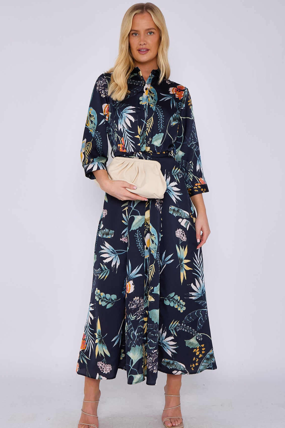 Navy Botanical Print Satin Maxi Shirt Dress