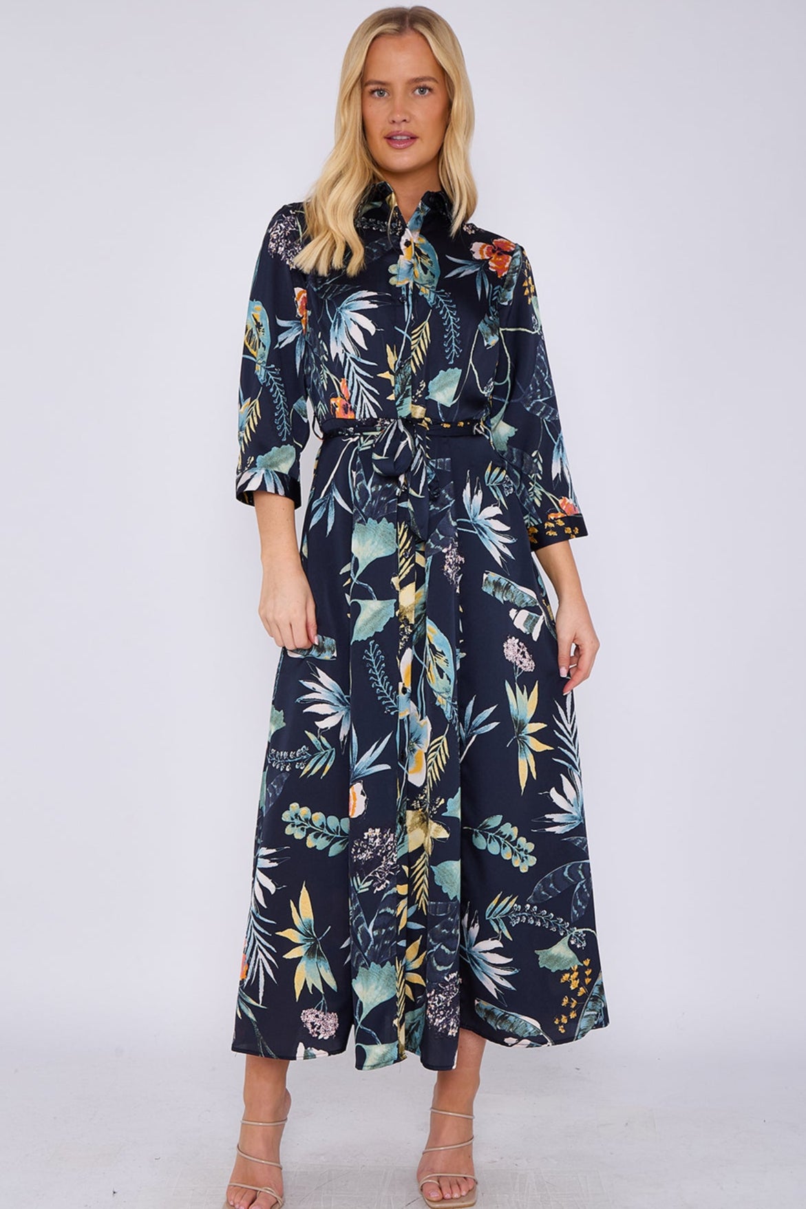 Navy Botanical Print Satin Maxi Shirt Dress