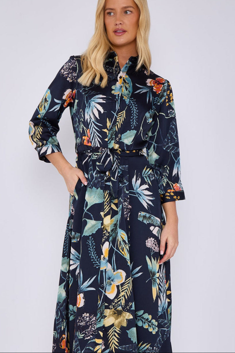 Navy Botanical Print Satin Maxi Shirt Dress
