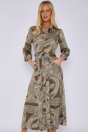 Khaki Geometric Print Satin Maxi Shirt Dress