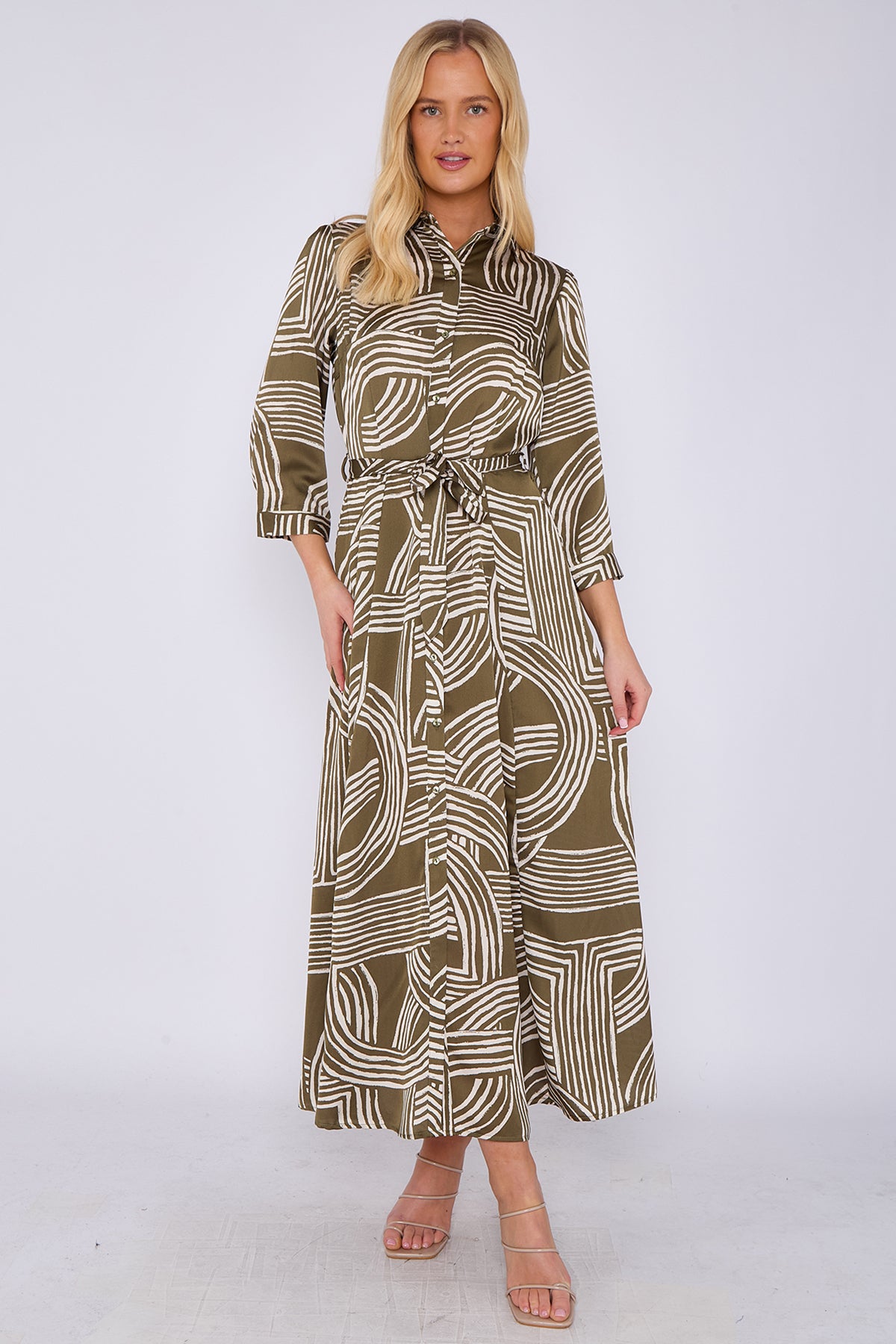 Khaki Geometric Print Satin Maxi Shirt Dress