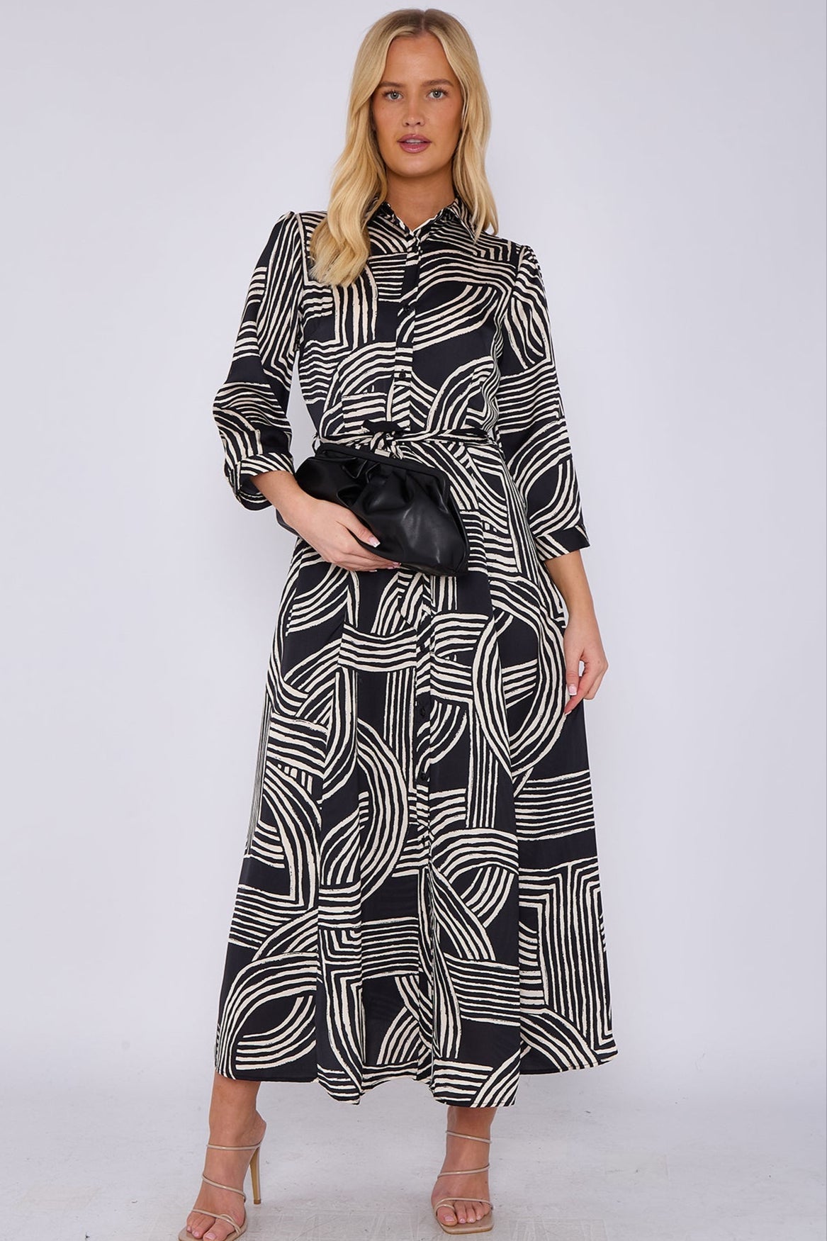 Black Geometric Print Satin Maxi Shirt Dress