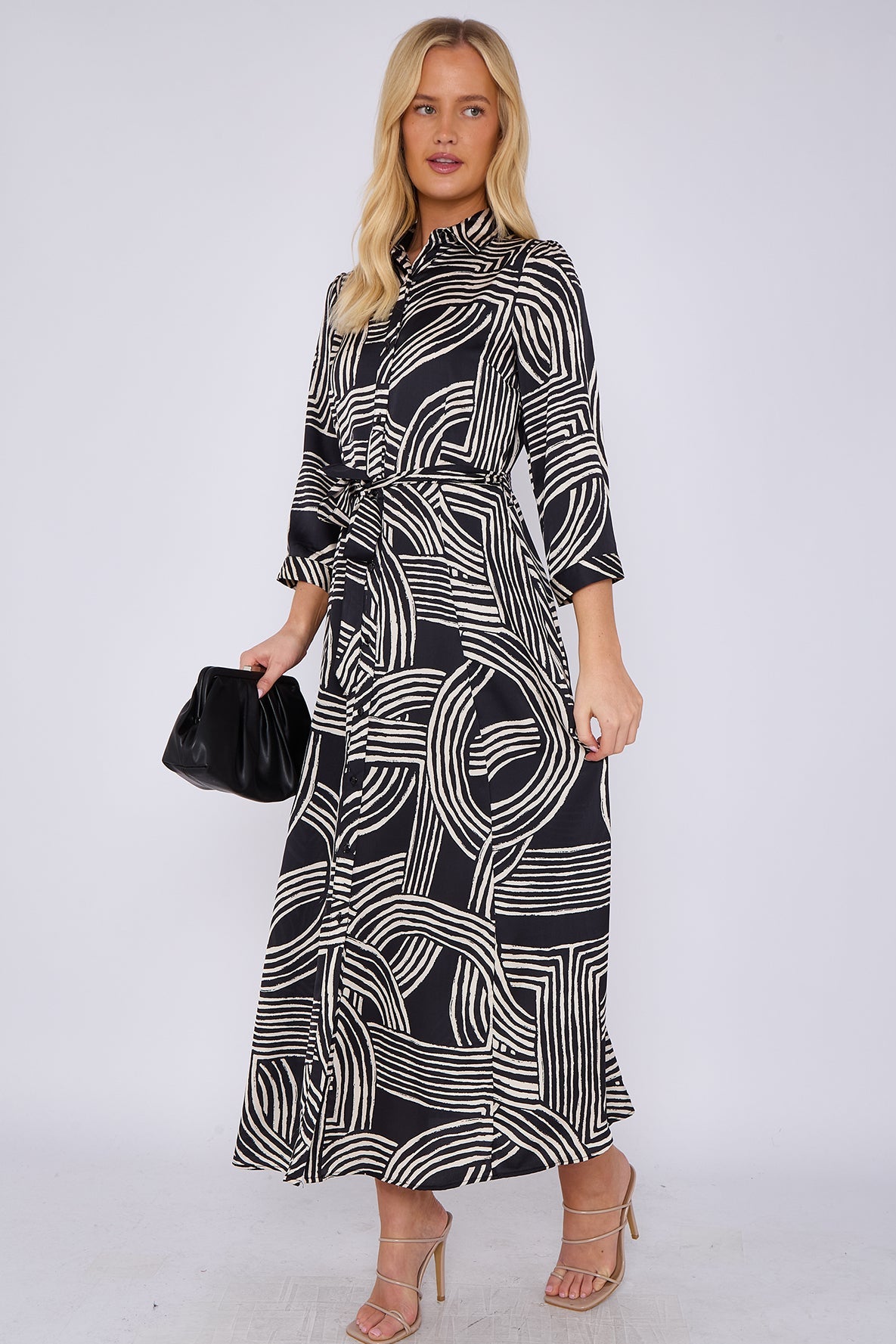 Black Geometric Print Satin Maxi Shirt Dress