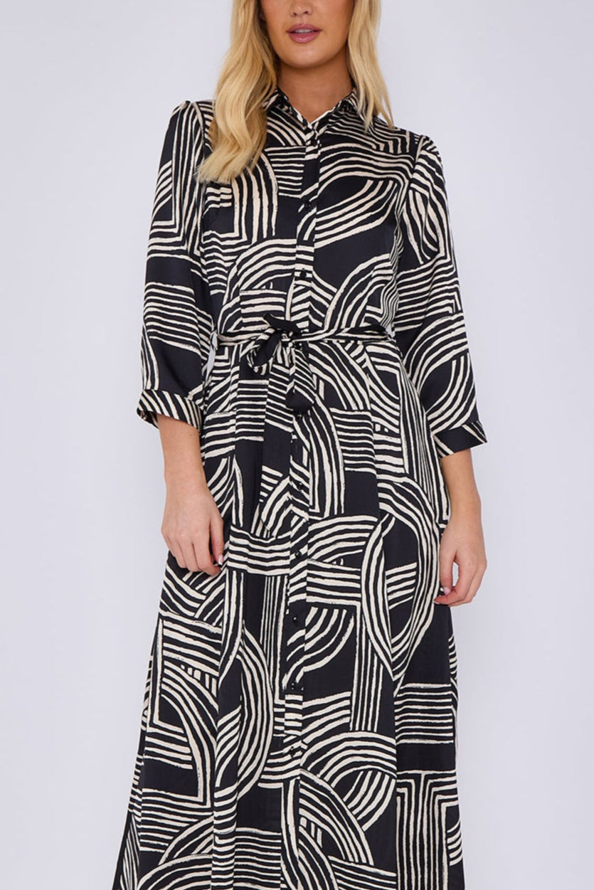 Black Geometric Print Satin Maxi Shirt Dress