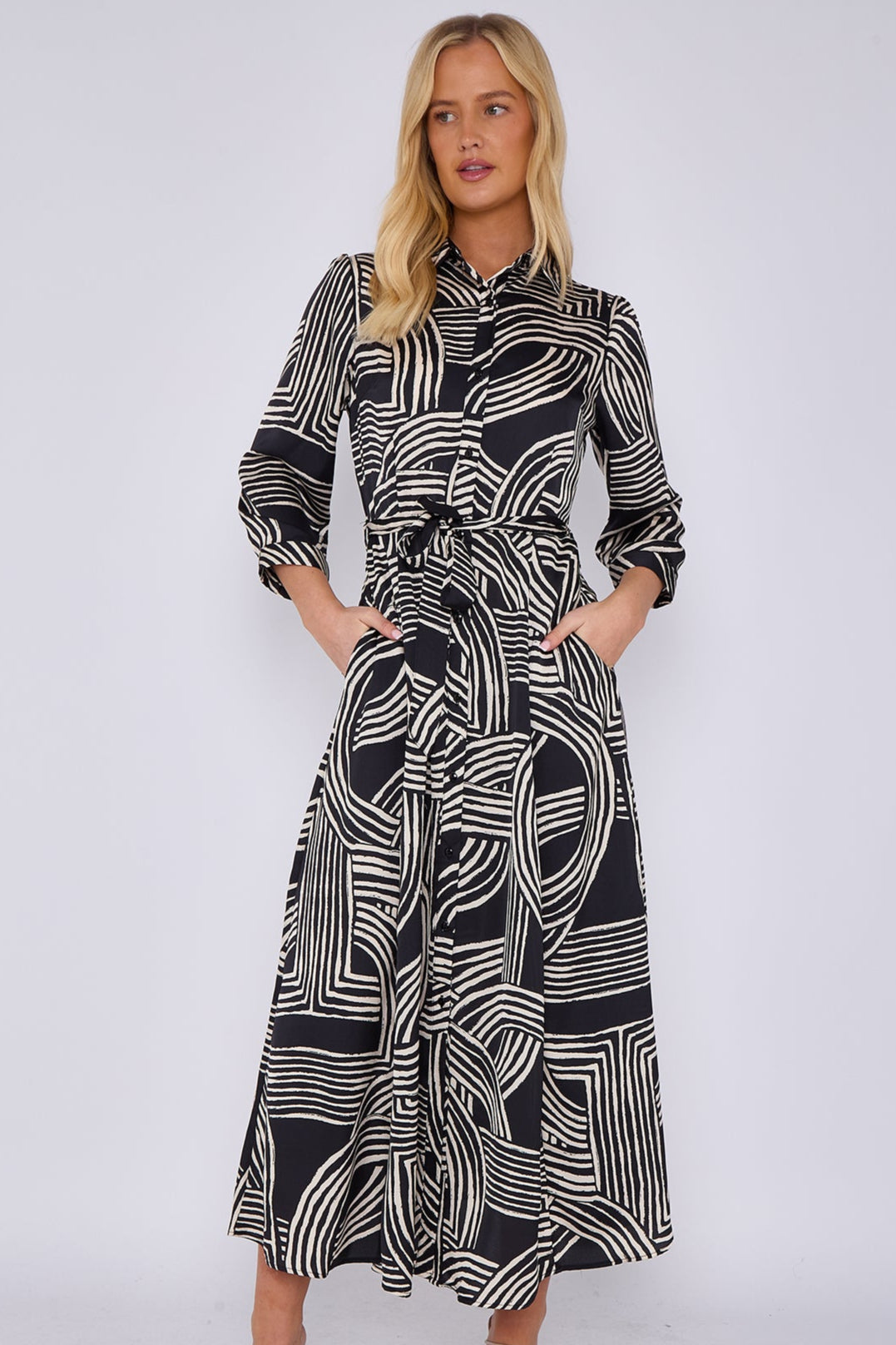 Black Geometric Print Satin Maxi Shirt Dress