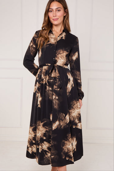 Black and Gold Tie Dye Print Maxi Shirt Dress