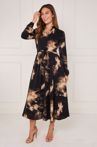Black and Gold Tie Dye Print Maxi Shirt Dress