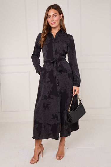 Black Tonal Rose Print Maxi Shirt Dress