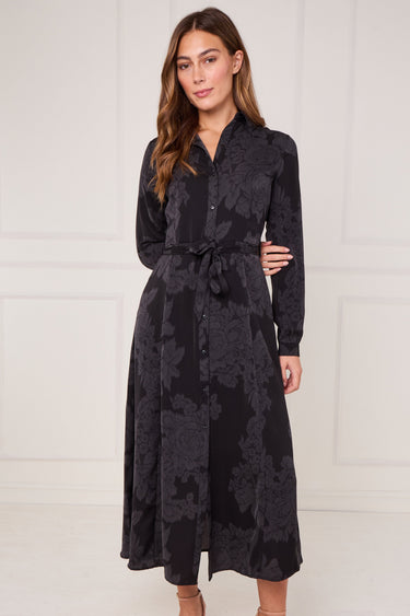 Black Tonal Rose Print Maxi Shirt Dress
