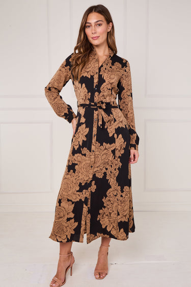 Black and Camel Rose Print Maxi Shirt Dress
