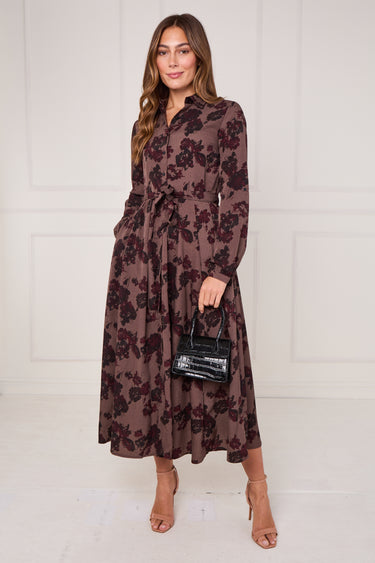 Mocha Burgundy Ink Floral Maxi Shirt Dress