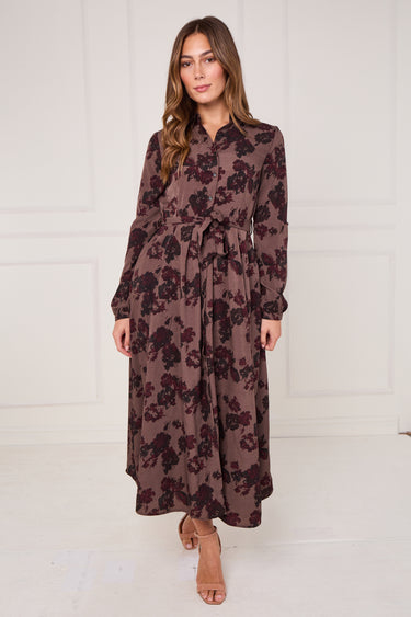 Mocha Burgundy Ink Floral Maxi Shirt Dress