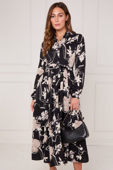 Black and Stone Abstract Floral Print Maxi Shirt Dress