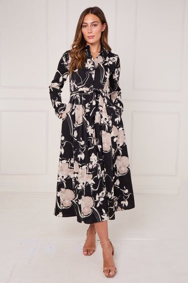Black and Stone Abstract Floral Print Maxi Shirt Dress