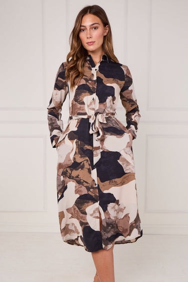 Earthtone Abstract Flow Print Midi Shirt Dress