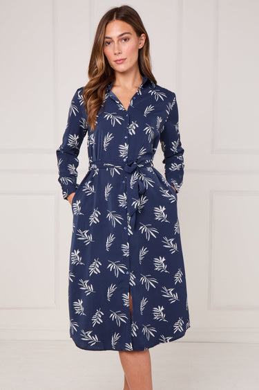 Navy Stitched Leaf Print Midi Shirt Dress