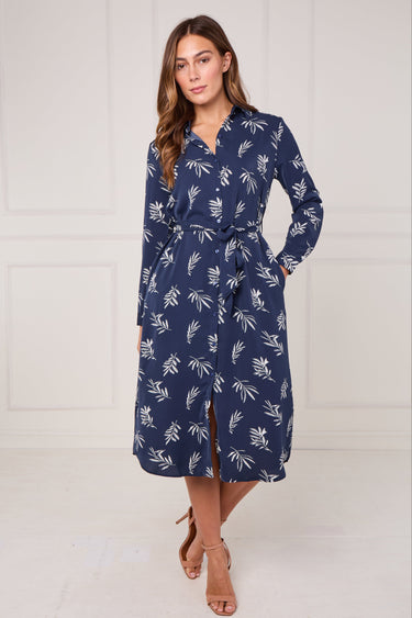 Navy Stitched Leaf Print Midi Shirt Dress
