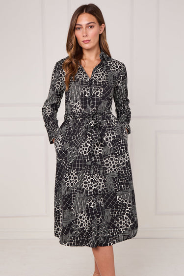 Black Modern Patchwork Geo Print Midi Shirt Dress
