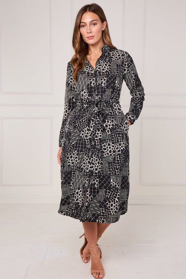 Black Modern Patchwork Geo Print Midi Shirt Dress