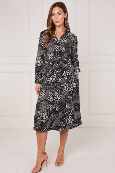 Black Modern Patchwork Geo Print Midi Shirt Dress