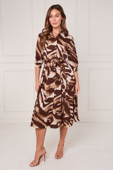 Brown Brushstroke Print Half Sleeve Midi Shirt Dress