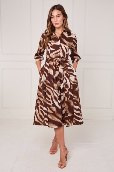 Brown Brushstroke Print Half Sleeve Midi Shirt Dress