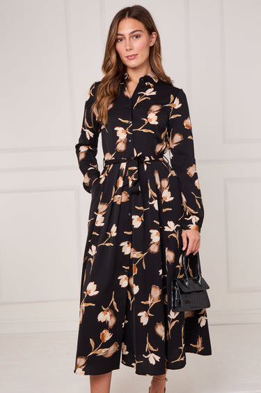 Black Soft Bloom Print Midaxi Shirt Dress