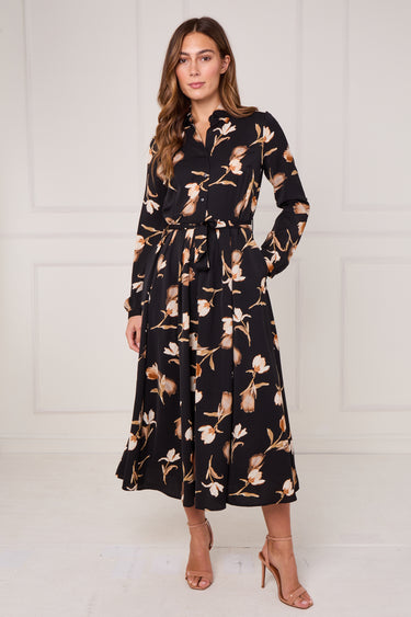 Black Soft Bloom Print Midaxi Shirt Dress