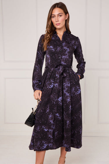 Black Violet Leopard Print Midaxi Shirt Dress