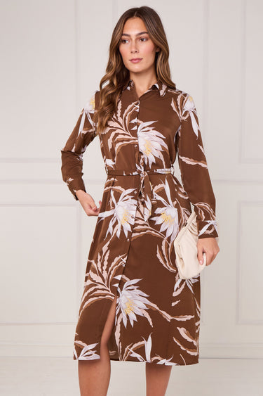 Brown and Ivory Botanical Floral Print Midi Shirt Dress