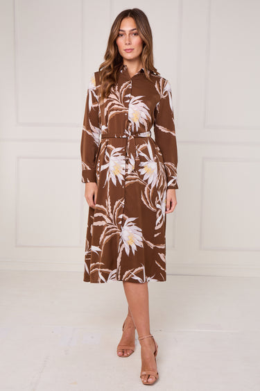 Brown and Ivory Botanical Floral Print Midi Shirt Dress