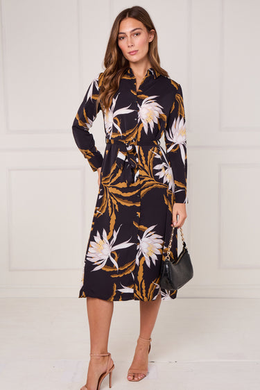 Black and Mustard Botanical Floral Print Midi Shirt Dress