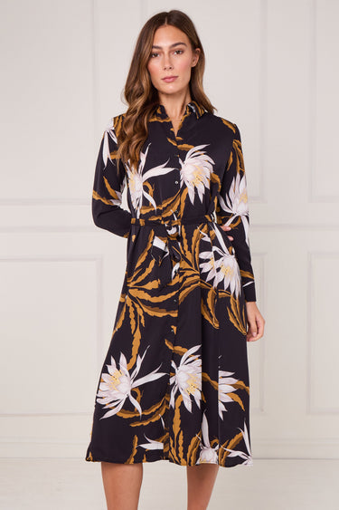Black and Mustard Botanical Floral Print Midi Shirt Dress