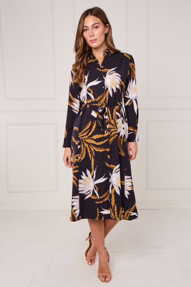 Black and Mustard Botanical Floral Print Midi Shirt Dress