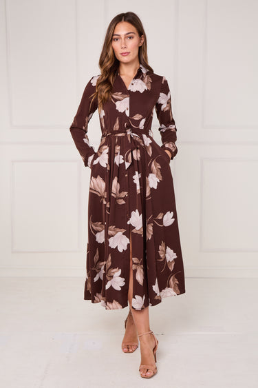 Chocolate and Cream Magnolia Print Maxi Shirt Dress