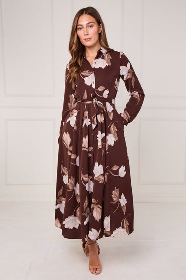 Chocolate and Cream Magnolia Print Maxi Shirt Dress