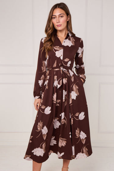 Chocolate and Cream Magnolia Print Maxi Shirt Dress