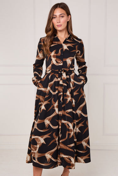 Black and Caramel Swirl Print Maxi Shirt Dress