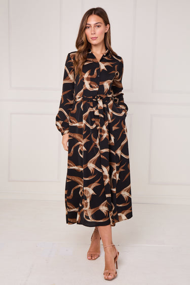 Black and Caramel Swirl Print Maxi Shirt Dress