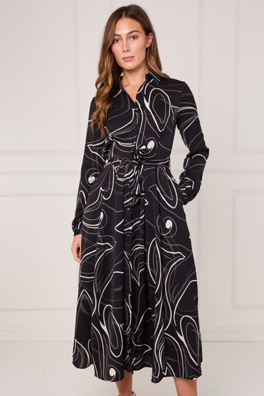 Black and Ivory Contour Print Maxi Shirt Dress