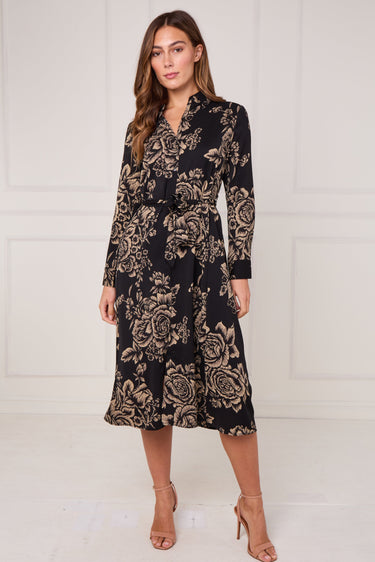 Black and Gold Vintage Rose Print Midi Shirt Dress