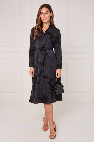 Black Tonal Floral Print Midi Shirt Dress