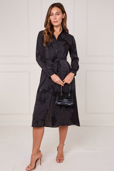 Black Tonal Floral Print Midi Shirt Dress