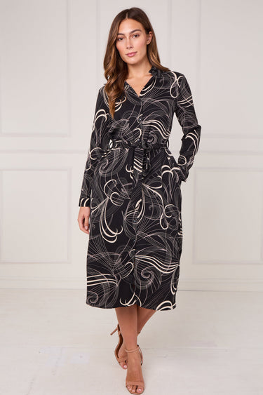 Black Abstract Swirl Print Midi Shirt Dress