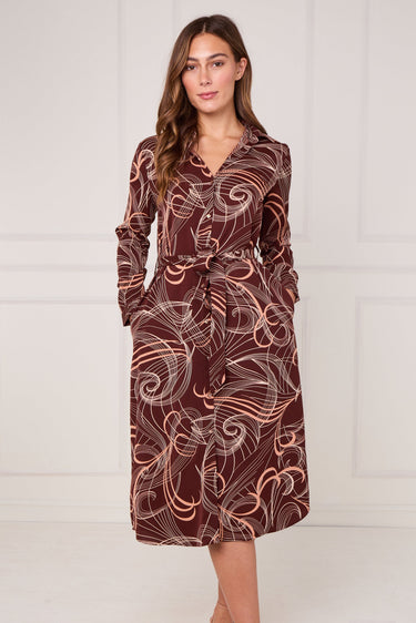 Chocolate Abstract Swirl Print Midi Shirt Dress